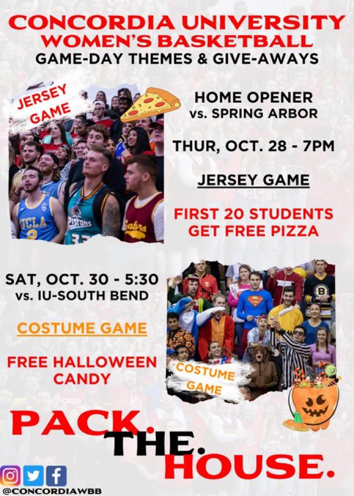 🚨ONE WEEK AWAY 🚨 

Hey <a href="/CUAACardinals/">Concordia Cardinals</a>, your <a href="/concordiawbb/">Concordia University WBB</a> team opens up their season in ONE WEEK 🤯

With crowds allowed again, we need ALL OF YOU to PACK THE FIELD HOUSE 😈

…plus, might be some free pizza and candy in store for ya if you come get rowdy 😉 

#FAMILY