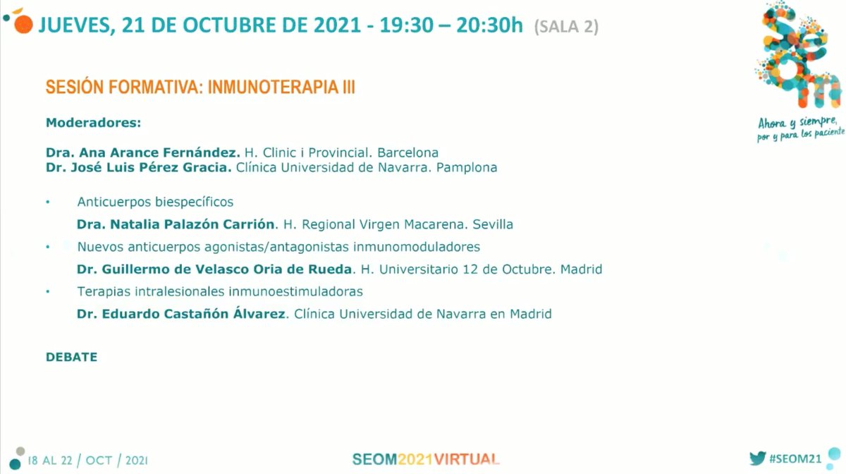 Tercera mesa dedicada a inmunoterapia en #SEOM21 esta tarde, que revisa el futuro inmediato de estos tratamientos