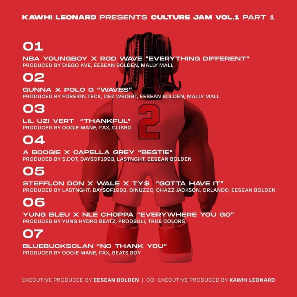 RTNBA's tweet photo. Kawhi Leonard is dropping his new album this Friday, titled “Culture Jam”

Includes Lil Uzi, NBA YoungBoy, Ty Dolla Sign, Gunna, Polo G, Rod Wave, Wale, A Boogie and more. 👀🔥 https://t.co/9EPaNxFYZW