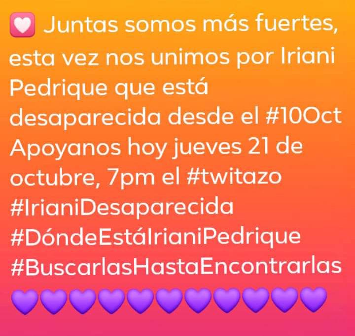 Lucelia57386029's tweet photo. Agradezco a todas las personas que han mostrado interes por el caso mi sobrina Iriani. Apoya esta noche 7pm Ven con las etiquetas #IrianiDesaparecida #DóndeEstáIrianiPedrique #BuscarlasHastaEncontrarlas este #21Oct 
@IndhiraLibertad @manuelita1504 https://t.co/LelnEHmJ69