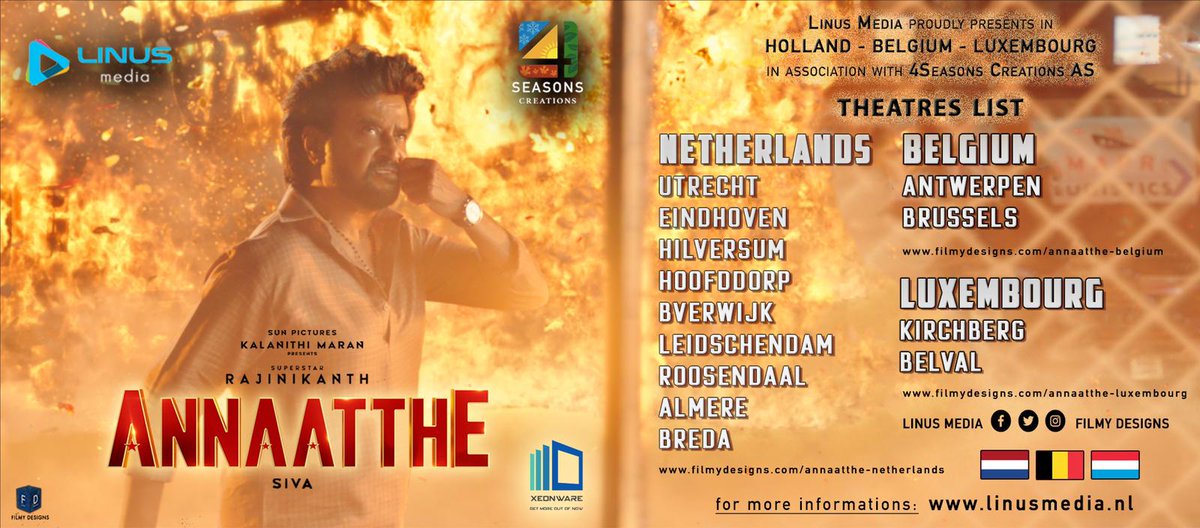 Samreen_Riaz15's tweet photo. #Annaatthe #Holland #Belgium   #Luxembourg Theaters List !Showtimes Coming Soon!
@rajinikanth @sunpictures
@directorsiva @immancomposer
@khushsundar #meena 
#Nayanthara @KeerthyOfficial 
@prakashraaj @IamJagguBhai 
@actorsathish @sooriofficial @RIAZtheboss https://t.co/2BT9x26Tvv