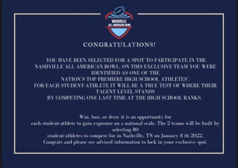Thankful for the invite to the Nashville American bowl @NashvilleAABowl <a href="/CSmithScout/">Chris Smith</a> <a href="/Porter_Thomas26/">Coach Porter</a>