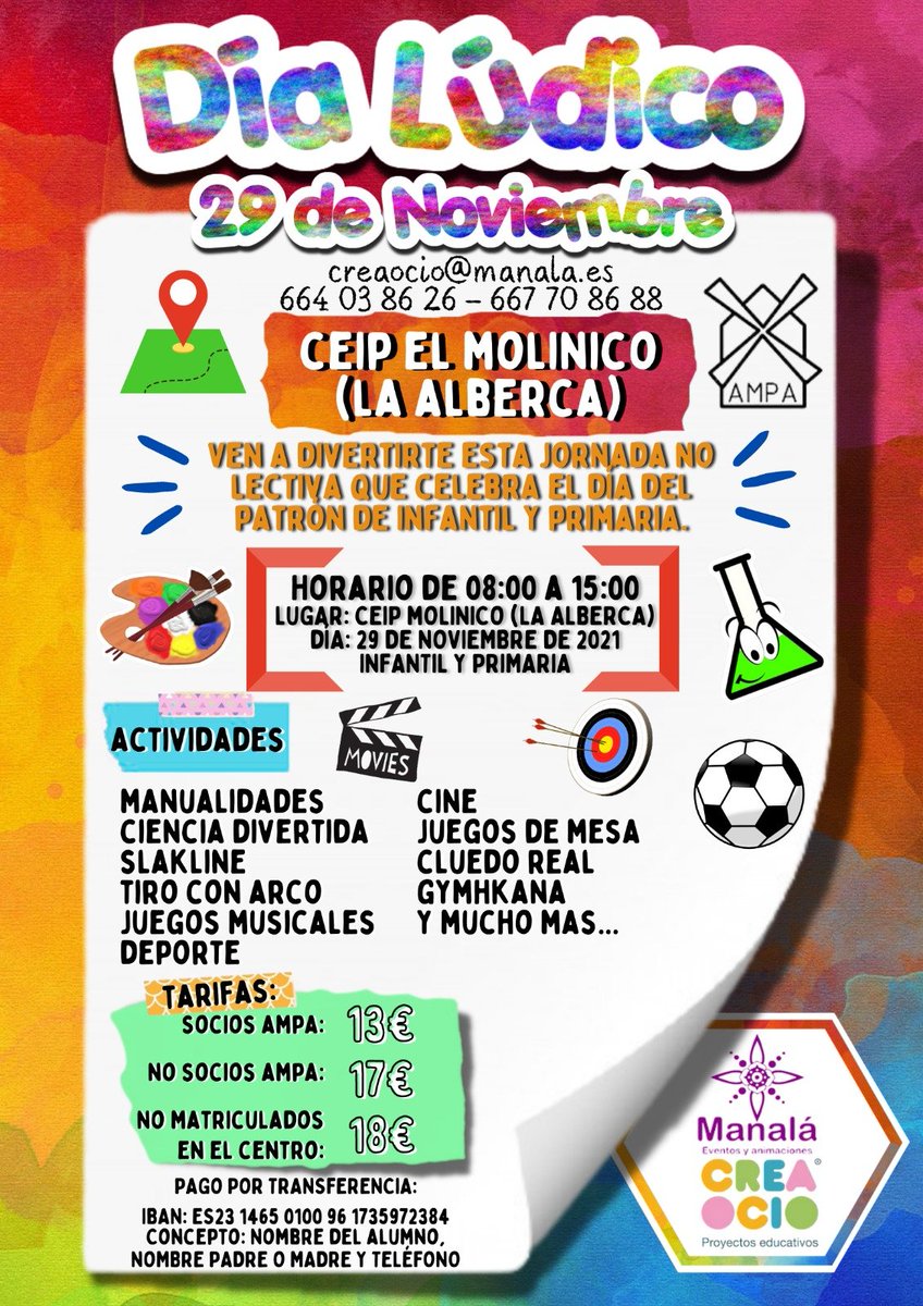 AMPA_Elmolinico's tweet photo. Buenas tardes familias, el día 29 de noviembre es el día del maestro, por tanto es un día no lectivo... Para aquellas familias que necesitan conciliar os damos esta opción para poder dejar a los peques ese día en el cole 🙂 https://t.co/0Sr6w3LwT6