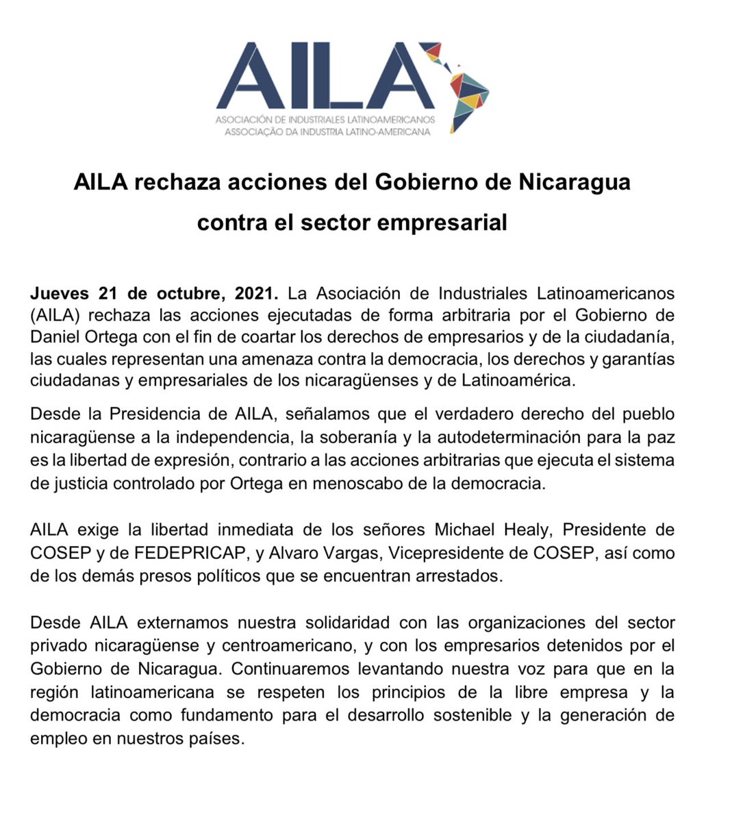 BruceMacMaster's tweet photo. Rechazo de @AilaAsociacion a la detención de los presidentes de #Cosep y #fedepricap por parte del gobierno de #DanielOrtega en #Nicaragua https://t.co/UfL83Os2OD