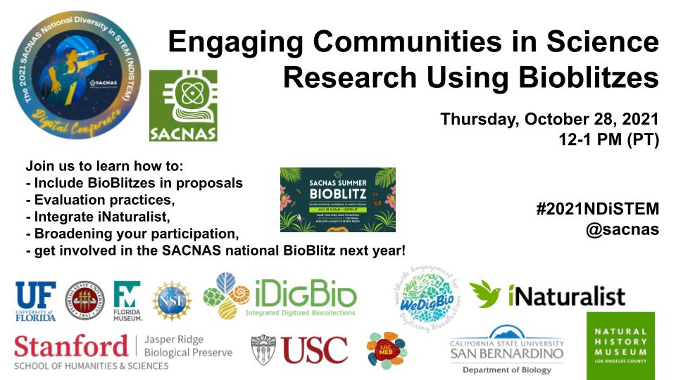 JorgeRH2O's tweet photo. Join us next Thursday, October 28, 12-1 PM (PT) during @sacnas #2021NDiSTEM to learn more about "Engaging Communities in Science Research Using #Bioblitzes!" Follow these amazing BioBlitzers to enrich your science &amp; outreach projects! #STEM #outreach #BioBlitz  #SACNAS https://t.co/unBnK3AeHB