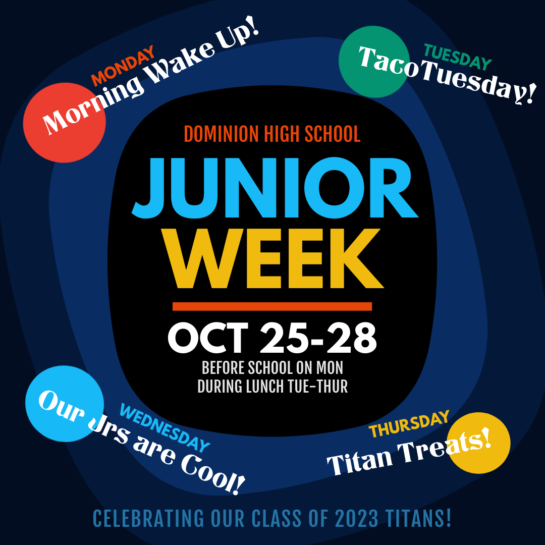 DominionLcps's tweet photo. Class of 2023 – Junior year it tough but you are tougher! Next week we will be celebrating you all week with special events planned for each day. We’ll also be raffling off gift cards! Thank you @dhsatlas! #classof2023 #juniorweek https://t.co/qRLslN4DDl
