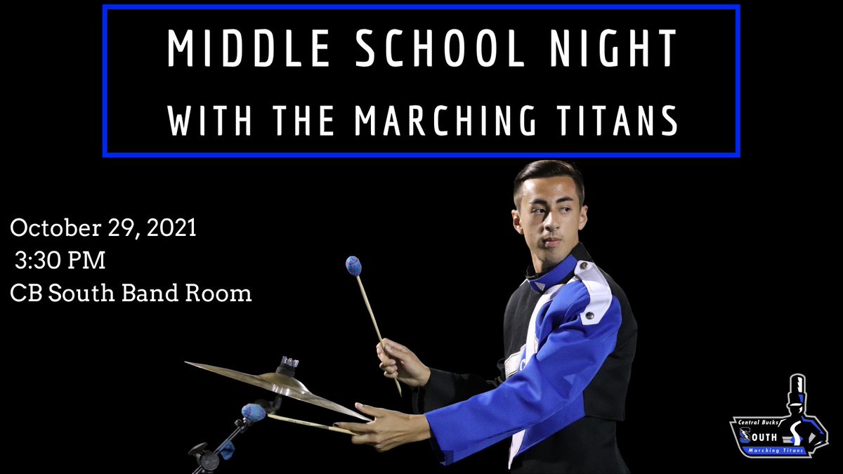 CB South Bands (@cbsouthbands) on Twitter photo The Marching Titans are inviting all interested Middle School students to join us for some Friday Night Lights next week when our South Titans take on North Penn! <a href="/CBUnamiMS/">Unami Middle School</a> @CBSDUnamiMusic <a href="/CBTamanendMS/">Tamanend MS</a> <a href="/TamanendMusic/">Tamanend Middle School Music Department</a> <a href="/CBSouthHS/">CB South</a> The Marching Titans are inviting all interested Middle School students to join us for some Friday Night Lights next week when our South Titans take on North Penn! <a href="/CBUnamiMS/">Unami Middle School</a> @CBSDUnamiMusic <a href="/CBTamanendMS/">Tamanend MS</a> <a href="/TamanendMusic/">Tamanend Middle School Music Department</a> <a href="/CBSouthHS/">CB South</a>