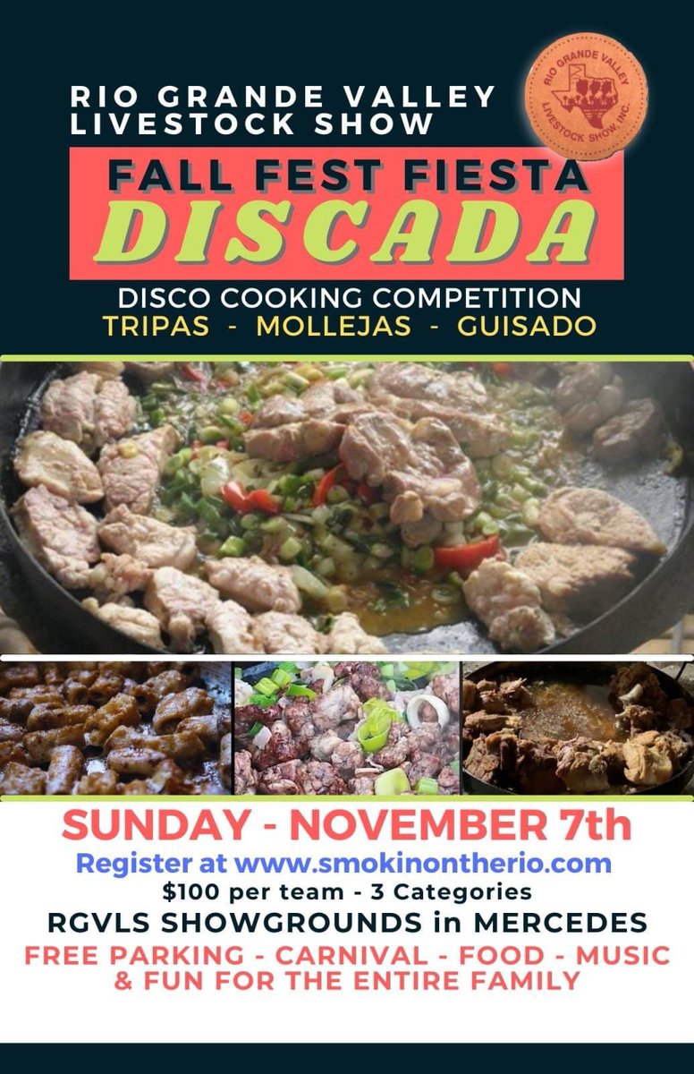 DISCADA - November 7th Rio Grande Valley Livestock Show Fall Fest Fiesta... You like to cook?  Here are the categories
Tripas   ~   Mollejas   ~   Guisado
.
.$100 for a team of 3 cooks.  Go to smokinontherio.com for details and information.  Register online.