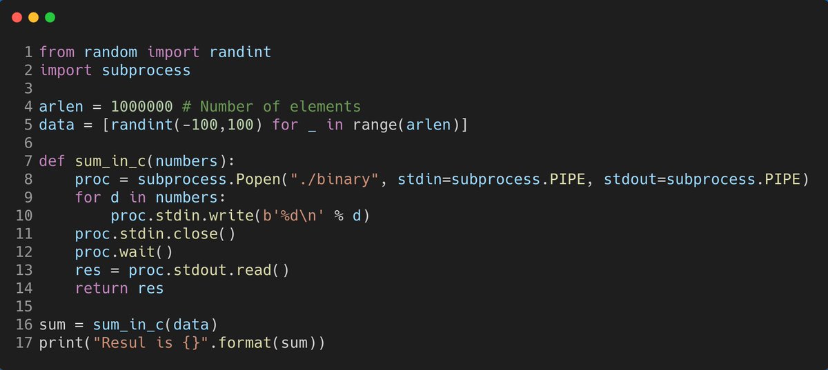 yomatiasmiche's tweet image. Finally, to do the same thing from our #Python script, we are using the #subprocess library (as said before) so we complete the code of our sum_in_c function and we are done:
