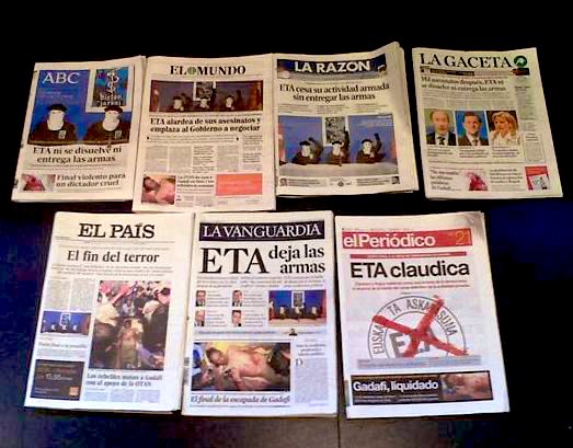 iliernavarro's tweet photo. 🗞 Hoy Facebook me recuerda estas siete portadas históricas de hace 10 años. 

El fin de #ETA contado por @abc_es @elmundoes @larazon_es #LaGaceta @el_pais y @LaVanguardia. El titular que más me gustó fue el de @elperiodico 

#FinDeETA #10anosSinETA https://t.co/I2lGWhvHy1