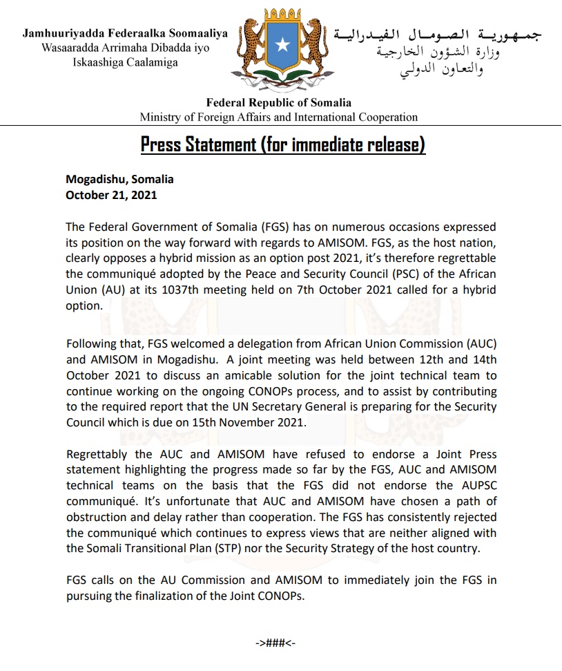 #Somalia has on numerous occasions expressed its position on the way forward with regards to #AMISOM. FGS, as the host nation, clearly opposes a hybrid mission as an option post 2021, it’s therefore regrettable the communiqué adopted by PSC of #AU.  
🔗➡mfa.gov.so/wp-content/upl…