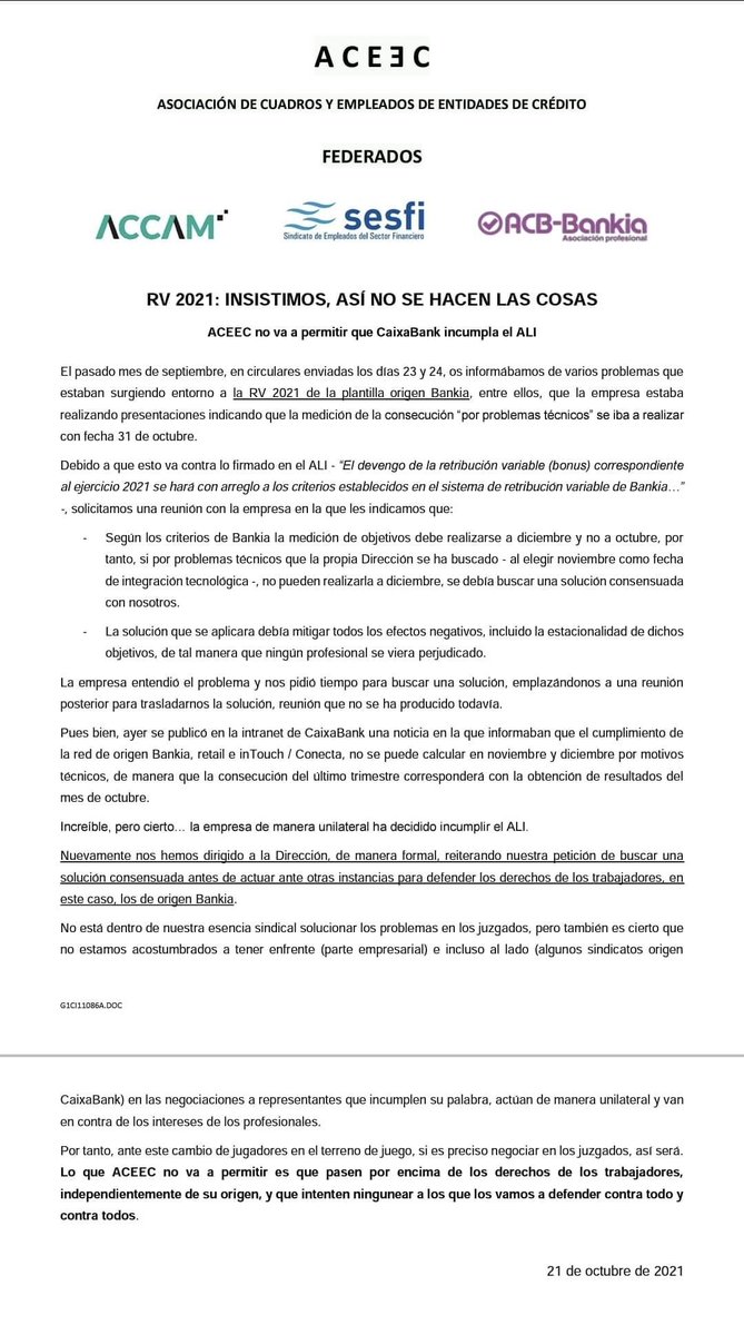 acbbankia's tweet photo. RV 2021: Insistimos.  Así no se hacen las cosas!
ACEEC no va a permitir que CaixaBank incumpla el ALI https://t.co/Griu6U3lvn