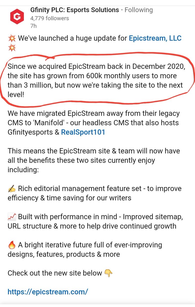 SeanDentBsc's tweet photo. Just a 500% increase in users of #epicstream in less than a year then  😍🎉

Amazing work from #gfin who are the hottest #esports &amp; digital media PLC on 🌎 right now!

Legacy warrants expired today, won't be long now before the SP reflects the amazing progress made here. 🚀 https://t.co/tyGVsJIG9f