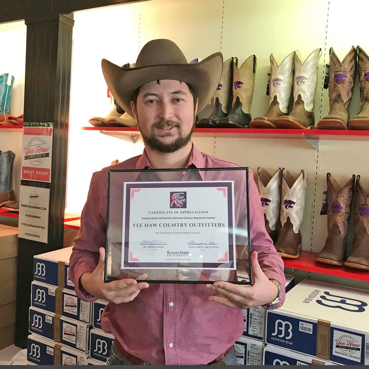 KStateCancerRes's tweet photo. Huge THANKS to our retail partners who helped sell Fighting for a Cure shirts--1419 Mercantile, G. Thomas Jewelers, Yee Haw Country Outfitters! Your help enabled us to sell more shirts! We really appreciate the extra work you all did to #HelpKStateFightCancer! https://t.co/WHMj5RWRS7
