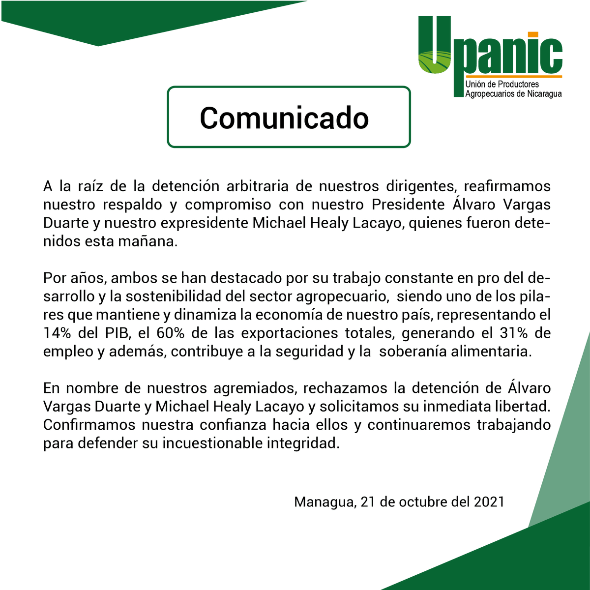 UPANIC_'s tweet photo. En nombre de nuestros agremiados, rechazamos la detención de nuestro Presidente Álvaro Vargas Duarte y nuestro expresidente Michael Healy Lacayo.
Reafirmamos nuestro respaldo y confianza hacia ellos y continuaremos trabajando para defender su incuestionable integridad. https://t.co/QNf2Uz8qiD