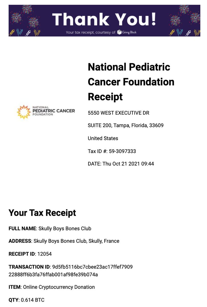 Bone-Soir Skully Boys ! ✊

Today, with your help and <a href="/TheGivingBlock/">The Giving Block</a> we were able to donate $40,000 (.614 BTC) to the <a href="/PediatricCancer/">National Pediatric Cancer Foundation</a>. This foundation is dedicated to research and clinical trials to find less toxic, more effective treatments for childhood cancer. 🙏

SBTE ♾