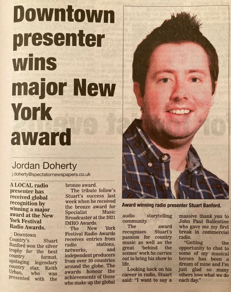 StuartBanford's tweet photo. Thanks to the @codownspectator for mentioning my wins at the @NYFRadioAwards and @IMRORadioAwards. #countrymusic #NYFRadioAwards #newyorkfestivals #StorytellersGala #AgeOfTheStoryteller https://t.co/ngXS6TZ1dX