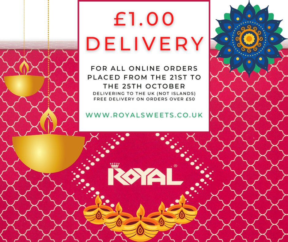 RoyalSweets8's tweet photo. In celebration of #diwalifestival we're offering UK delivery on all online orders for just £1.00!! from the 21st - 25th October. https://t.co/by9QmwcOYP

#diwali #india #festival #diwaligifts #happydiwali #royalsweets #indiansweets #matha #karwachauth #online #shoponline https://t.co/VADTg9Yv5h