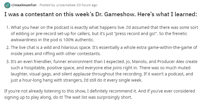 MaxFunHQ's tweet photo. A contestant from this week's #MaxFunBlockParty episode of @DrGameshow described on the MaxFun subreddit what it was like being on the show.
It's so fun, you should give the show a try if you haven't yet!
Here's the ep: https://t.co/Tz4BIwAjxx)
https://t.co/MYGqe12rhR https://t.co/FODOmpcO6U