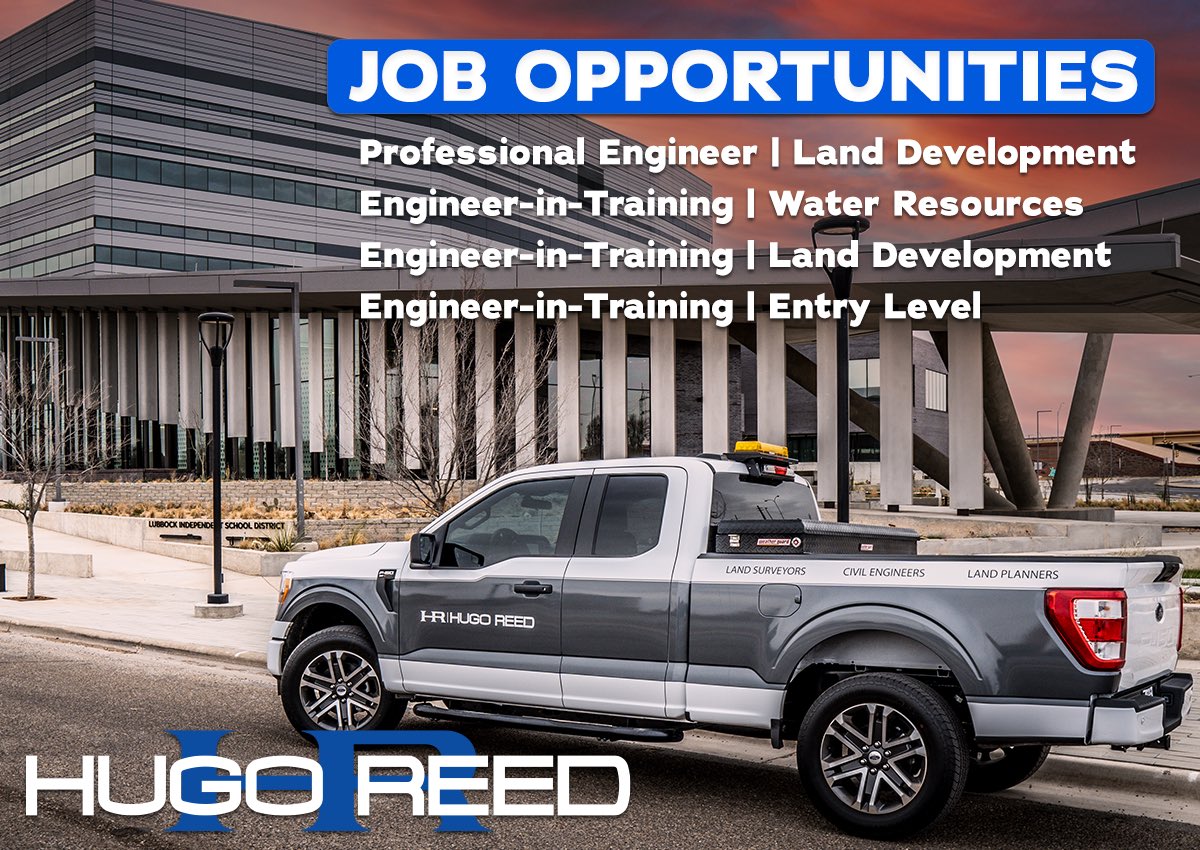 We are hiring #Lubbock! We are looking to immediately hire an experienced Professional #CivilEngineer and Engineers-in-Training! #Jobs #Careers Apply today: HugoReed.com/careers