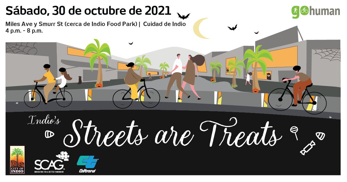 CityofIndio's tweet photo. 🎃Join #CityofIndio for a fun Halloween-themed celebration on Oct 30 featuring a complete streets pop-up demonstration event! #IndioFoodPark from 4-8 for prizes, giveaways & activities! #GoHumanSoCal, #CityofIndio, #IndioStreetsAreTreats @GoHumanSoCal @SCAGnews https://t.co/9Fsr1M4m0G