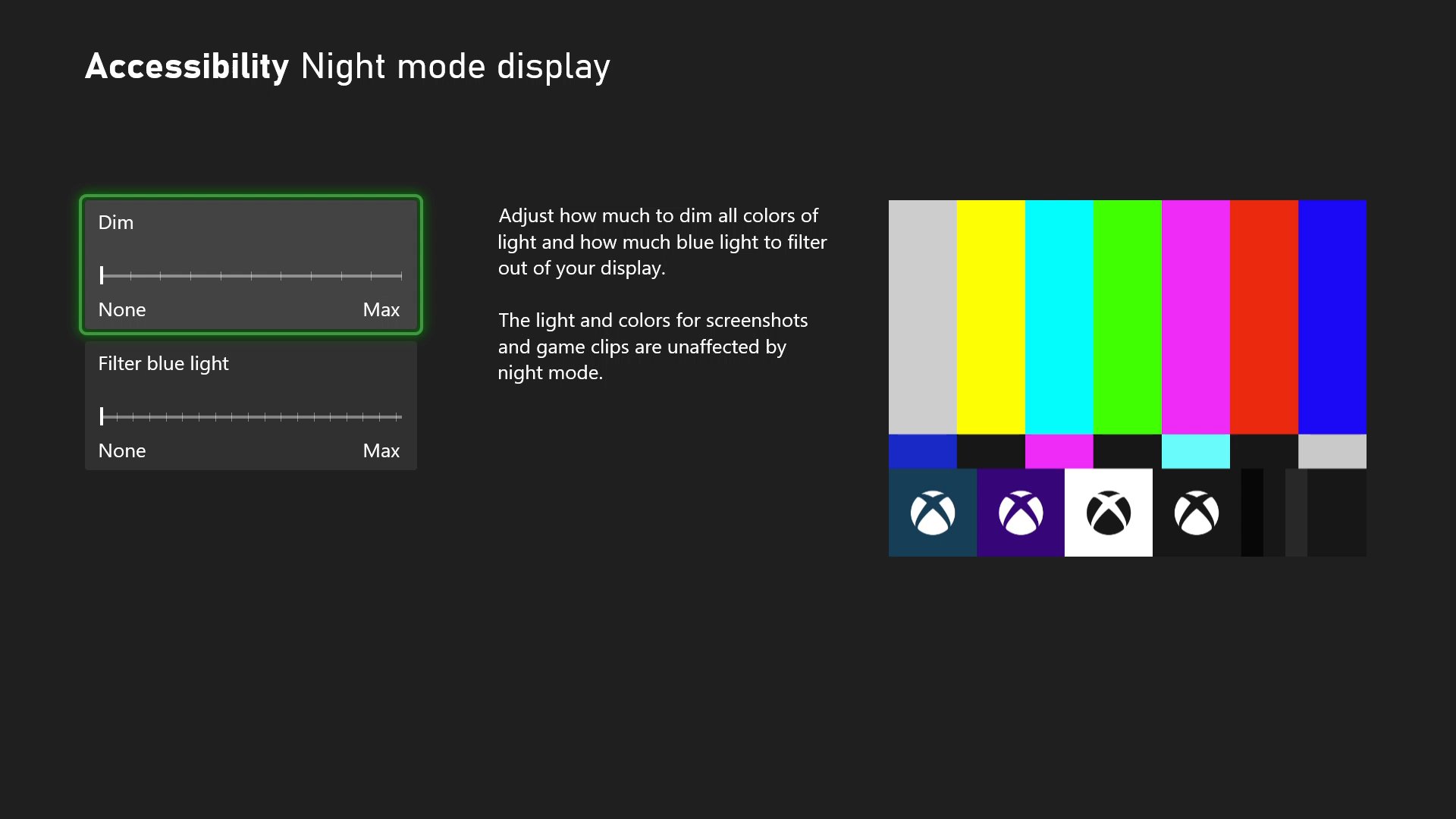 Night mode settings under Accessibility in Xbox's dashboard. An option to adjust dimness and an option to add a blue light filter.  