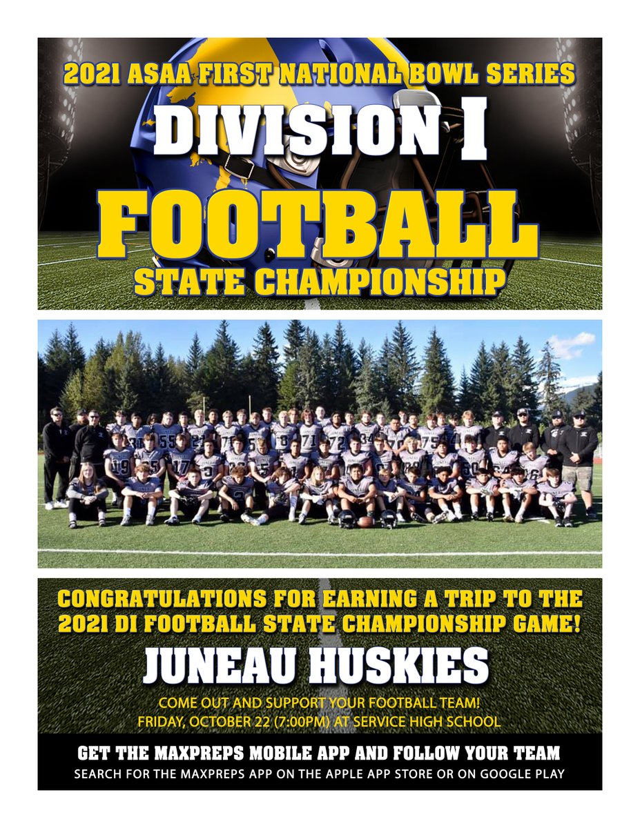 ASAA_org's tweet photo. Congratulations to the Juneau Huskies for earning a trip to the 2021 ASAA First National Bowl Series DI Football State Championship Game! @FNBAlaska #FirstNationalBowl https://t.co/AeRTZaOwNW