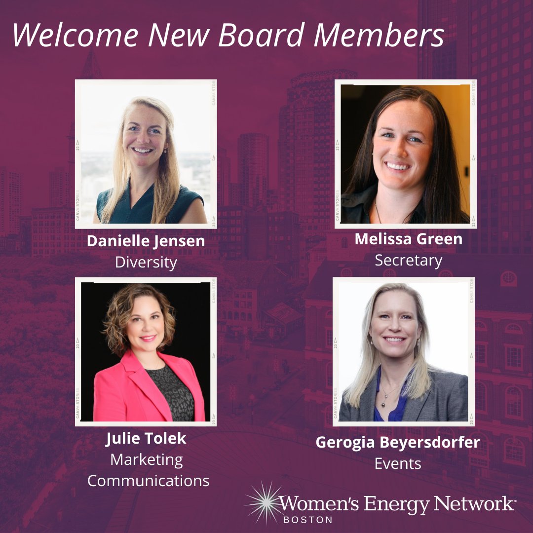 #WENBoston announces our new board members for 2021. Julie Tolek, Esq. of Caldwell Intellectual Property Law, Georgia Beyersdorfer of Black &amp; Veatch, Melissa Green, CPA of Liberty Mutual Insurance, and Danielle Jensen of Mayflower Wind.

Read more here: buff.ly/3przR0q