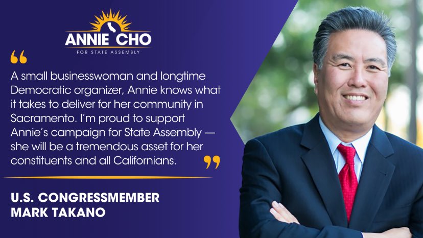AnnieChoforCA's tweet photo. I’ve always admired Rep. @MarkTakano for his long career in public service — as a veteran serving our country, an educator teaching students or a Representative fighting for democracy. I’m proud to earn his support because he knows we need dedicated leaders in Sacramento. https://t.co/8eTDcAZlmK