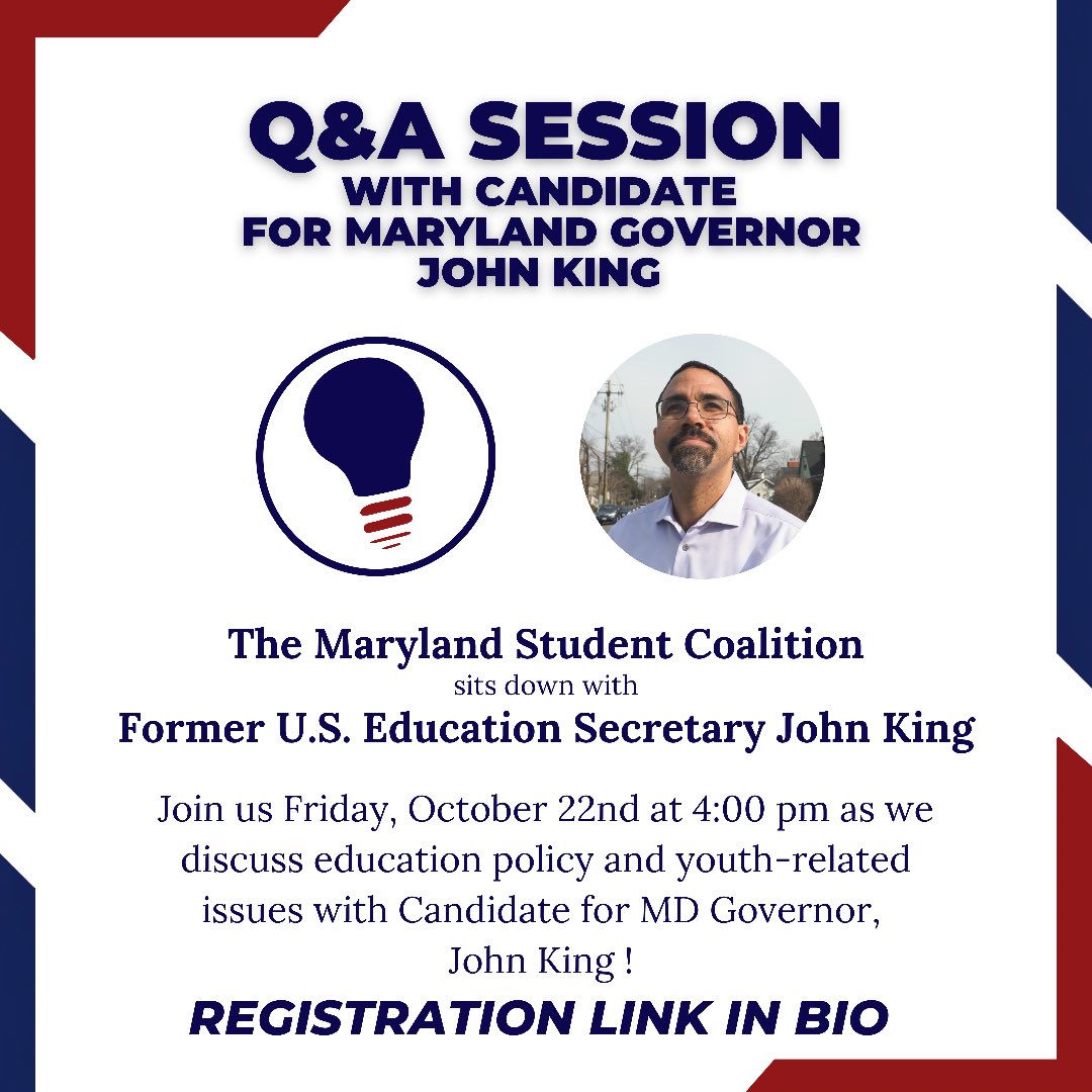 MarylandStudent's tweet photo. Please join us tomorrow at 4:00 pm as we discuss education policy with Maryland Gubernatorial Candidate @JohnBKing 

To register for the event, visit the Linktree in our bio and click on the “Event Registration” tab to sign up. 

Hope to see you there! https://t.co/Kd8GpUgXib