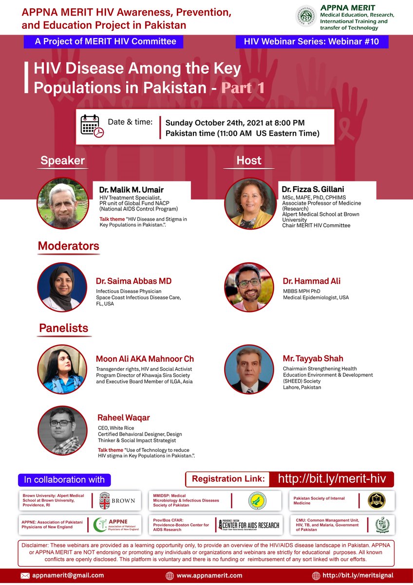 YaranWatan's tweet photo. 🟥 MERIT HIV Webinars
Topic: HIV Disease Among the Key Populations in Pakistan - Part 1
📕Sunday, 24th October 2021
8:00 PM Pakistan Standard Time
Registration Link: https://t.co/vS44BBHWsX https://t.co/vodGShFcAG