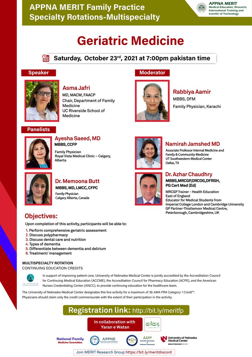 YaranWatan's tweet photo. 🟥 APPNA MERIT WEBINAR!
APPNA MERIT FP Specialty Multispeciality Rotations
Topic: Geriatric Medicine
📕Saturday, 23rd October 2021
🕖7:00 PM Pakistan Standard Time
Registration Link for MERIT FP rotations:  https://t.co/uVx44nUbbN https://t.co/gU05ejFB5C