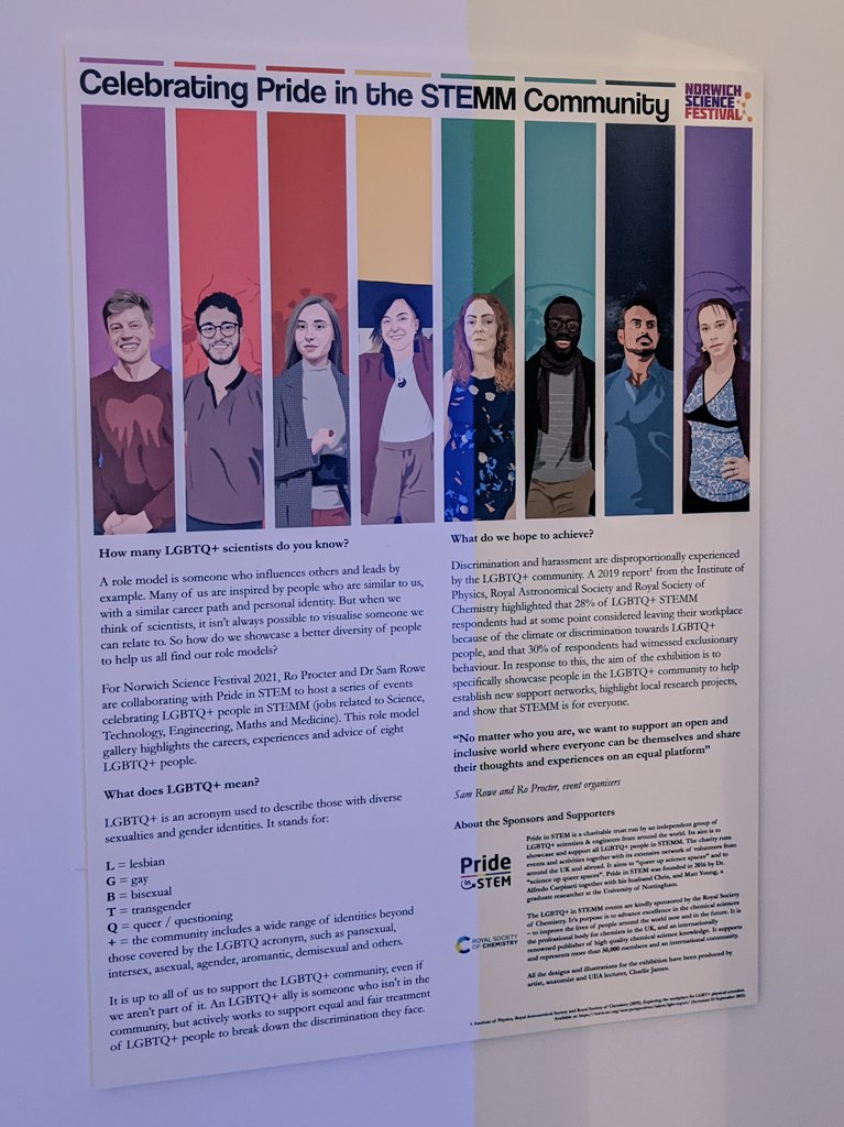 's tweet image. Celebrating Pride in the Norfolk STEMM Community Exhibition ❤️🧡💛💚💙💜 Find your next role model! #nsf21 #norwichscifest