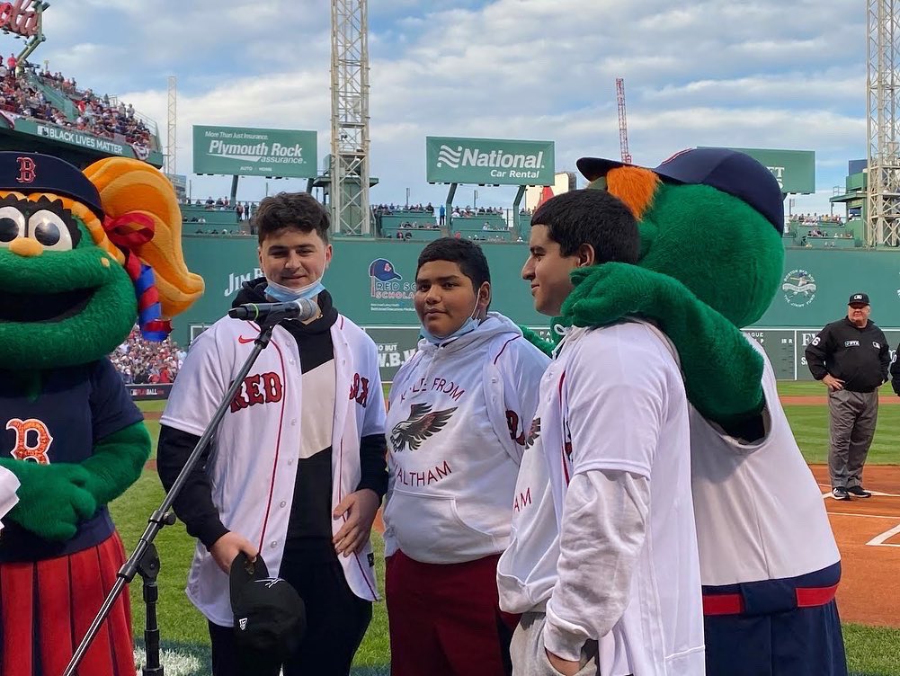 Walthambgc's tweet photo. Congrats to Waltham Boys &amp; Girls Club members Aidan (WHS ’21), Jiancarlos (WHS ’22), and Joshua (WHS ’25), who were the lucky ‘kids from Waltham’ invited to say “Play Ball” to start last night’s ALCS game! 

Thank you @RedSox for granting this memorable experience for our teens! https://t.co/eoFQnXpHqz