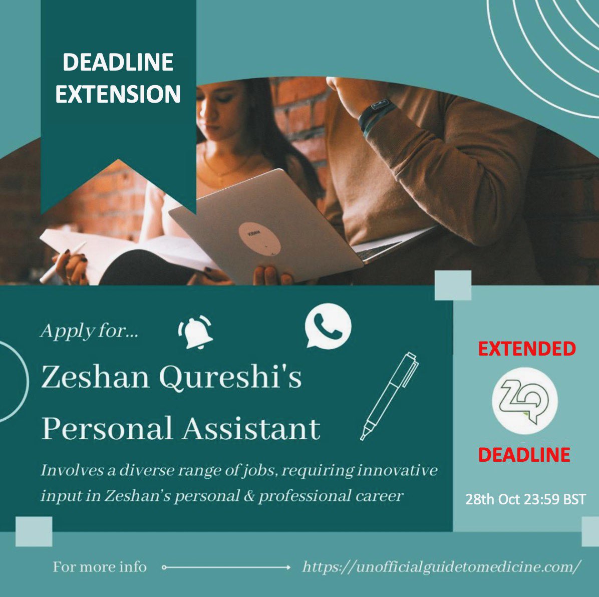 ***DEADLINE EXTENSION***
👉We’re looking for an organised and versatile individual who is able to assist in a creative and administrative capacity to assist Dr Zeshan Qureshi. 
👉Deadline: 28th Oct 23:59 BST
👉More information and application on unofficialguidetomedicine.com/getting-involv…