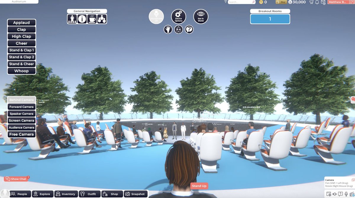 jowyang's tweet photo. I'm at a conference in the Metaverse with 
@ballmatthew @GenePark @BreakroomTech @slhamlet
 
Three views, afar, front row, and from my avatar in back row.

I heard @dberkowitz https://t.co/YWTr9rnIoJ