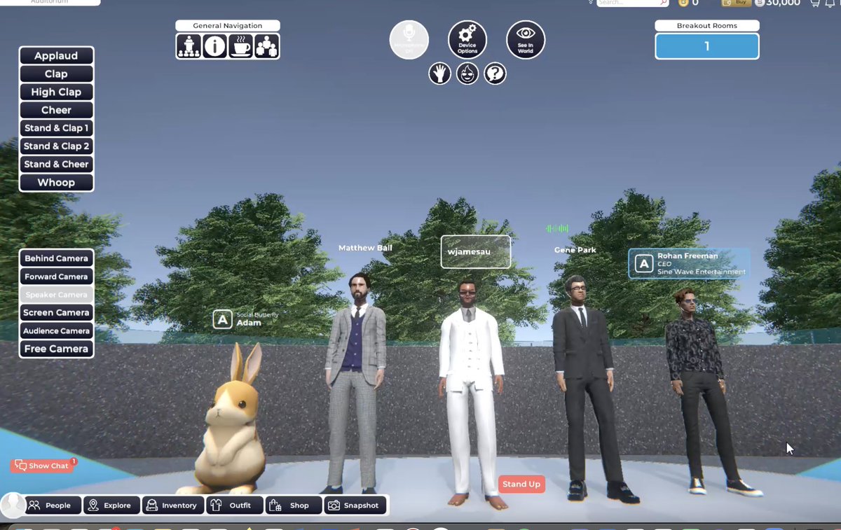 jowyang's tweet photo. I'm at a conference in the Metaverse with 
@ballmatthew @GenePark @BreakroomTech @slhamlet
 
Three views, afar, front row, and from my avatar in back row.

I heard @dberkowitz https://t.co/YWTr9rnIoJ