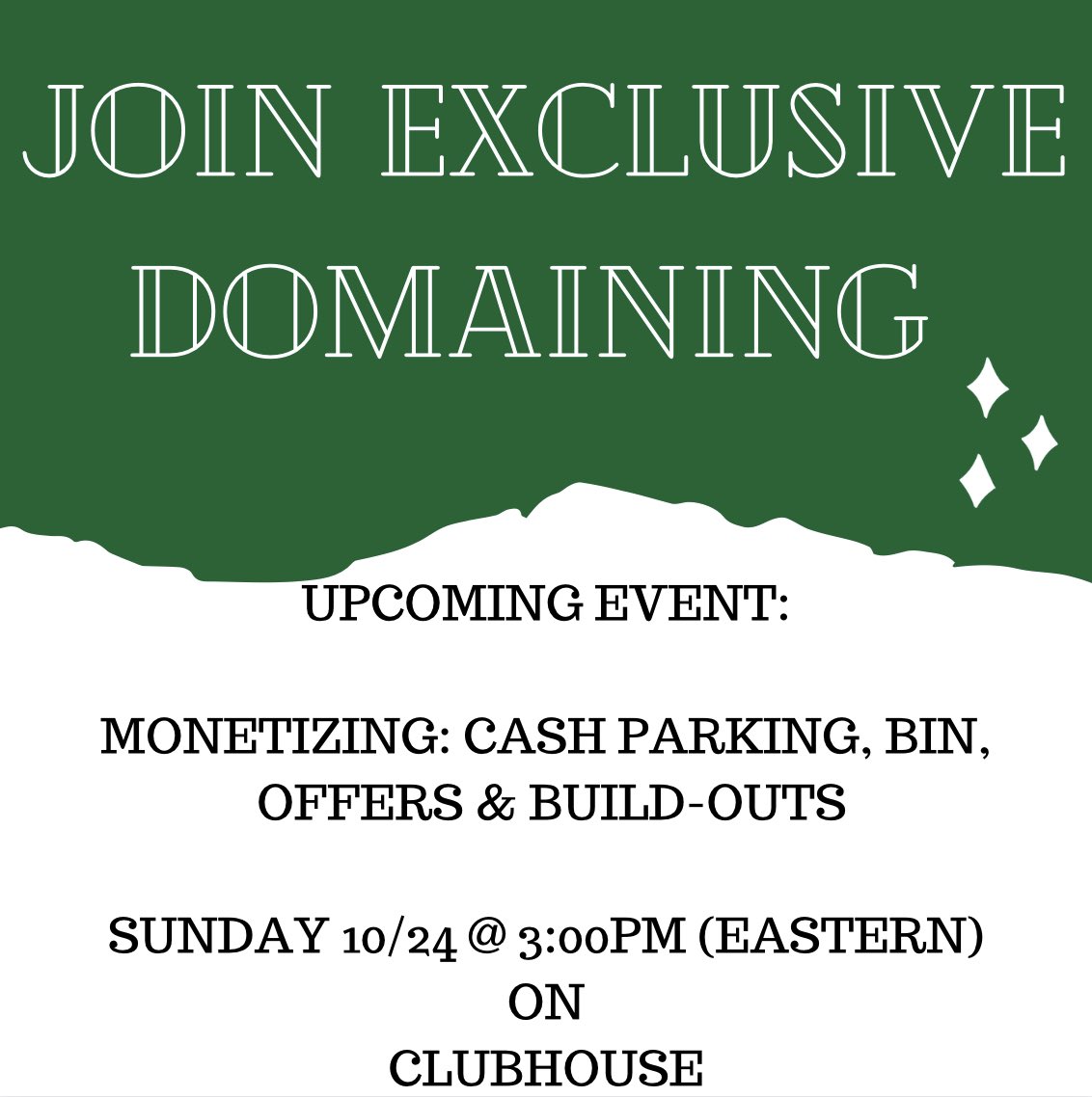 edomaining's tweet photo. Join Exclusive Domaining this upcoming Sunday @ 3:00pm (eastern) on Clubhouse to discuss monetizing our domains!!  We look forward to seeing you all there!!
•
•
#Domains #DomainInvesting #Investors #MonetizingDomains #CashParking #BuyItNow #MakeOffers #Buildouts https://t.co/rpbeueBS3h