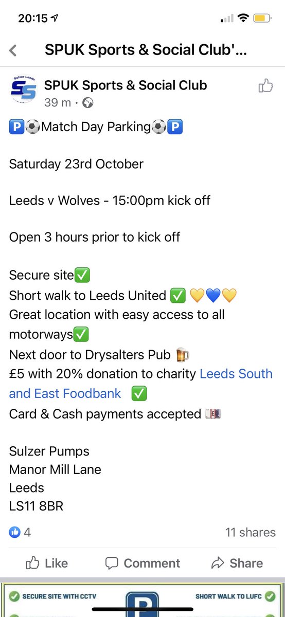 Matchday parking available at Sulzers with a donation going to @LFoodbank 👇