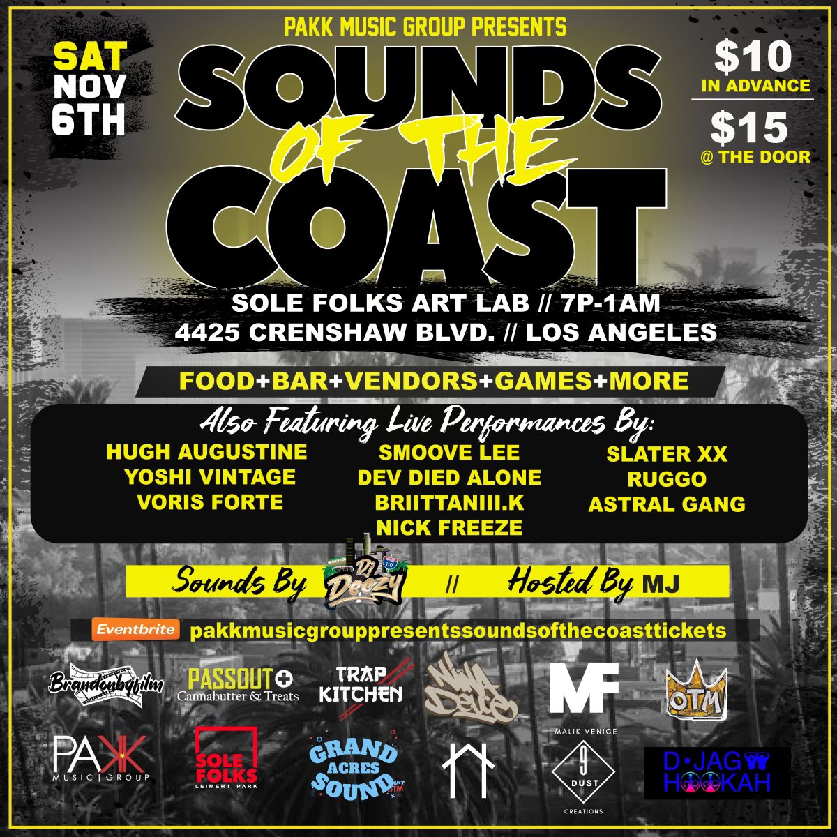 PaKKmusicGroup's tweet photo. PAKK MUSIC GROUP PRESENTS: The Sounds Of The Coast going down 11/6 at @solefolks art lab in the heart of Leimert Park. 

Games, vendors, food &amp; live performances. Catch a vibe with us. Ticket link in bio, $10 in advance, $15 at the door. https://t.co/nIaiiFP8eA