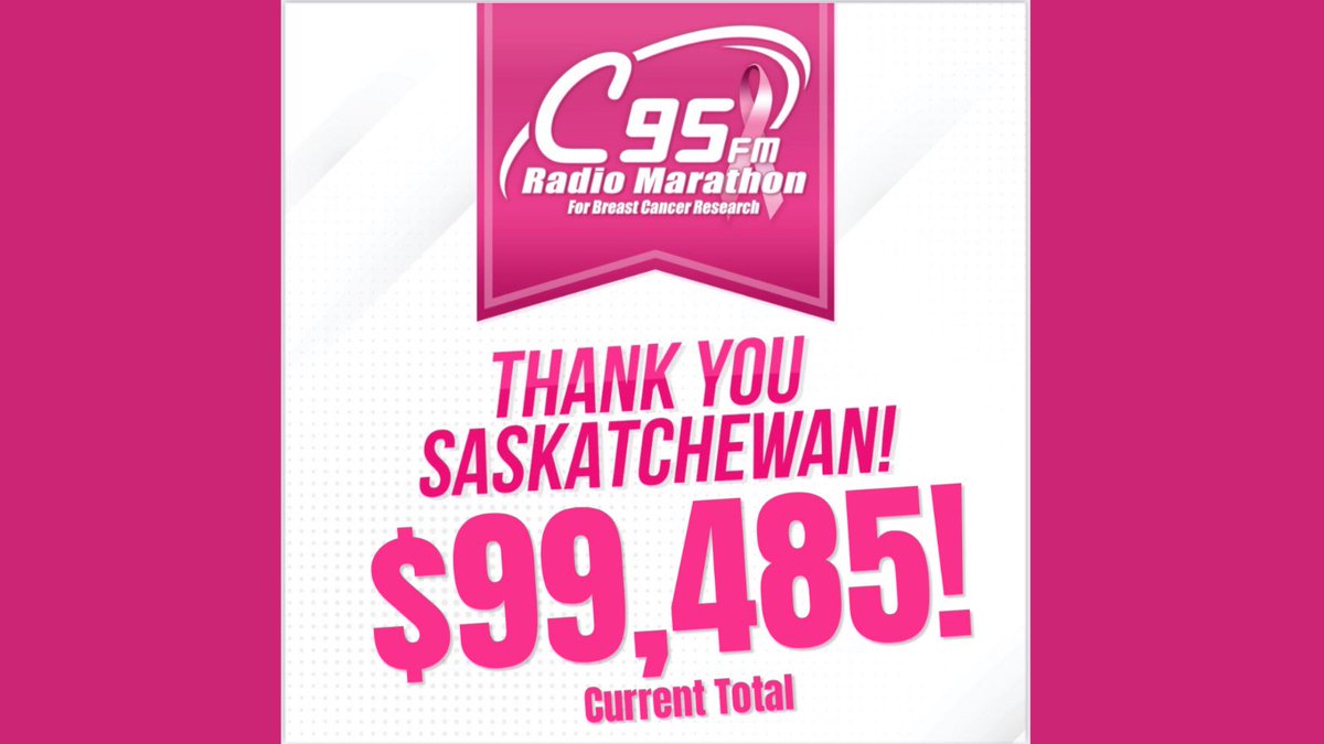 C95's tweet image. Look at that total 👀👏🏻 $99,485 raised so far for C95 Radio Marathon for Breast Cancer Research 💖

Haven’t donated yet? Don’t worry, you still have time! Call 306-374-GIVE or visit C95.com to donate. 🙏🏼

Special thanks to @midwestlasercentre and @camecocommunity