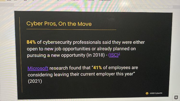 cyber_sn's tweet photo. It’s hard to find the upside w/ #cybersecurity hiring, though maybe it depends on how you look at it. This stat means you CAN attract top talent. Unfortunately, this doesn’t solve the LACK of people who are qualified for these open roles. #isacasd https://t.co/qS5u90GOyh