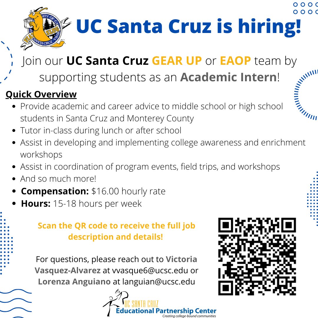 Spread the word, our UCSCs Gear Up and EAOP partners are recruiting tutor interns! @aptos <a href="/WHS_AfterSchool/">WHS Extended Learning</a> <a href="/PVHSEL/">PVHSExtendedLearning</a> @ExtLearnPVUSD <a href="/WHSWildcatz/">Willie Wildcat</a> <a href="/pv_eaop/">PVHS EAOP</a> <a href="/whs_eaop/">whs_eaop</a> <a href="/PajaroValleyUSD/">Pajaro Valley Unified School District</a> <a href="/SantaCruzPatch/">Santa Cruz Patch</a> <a href="/santacruzcoe/">SantaCruzCOE</a> <a href="/montereycoe/">Monterey COE</a>