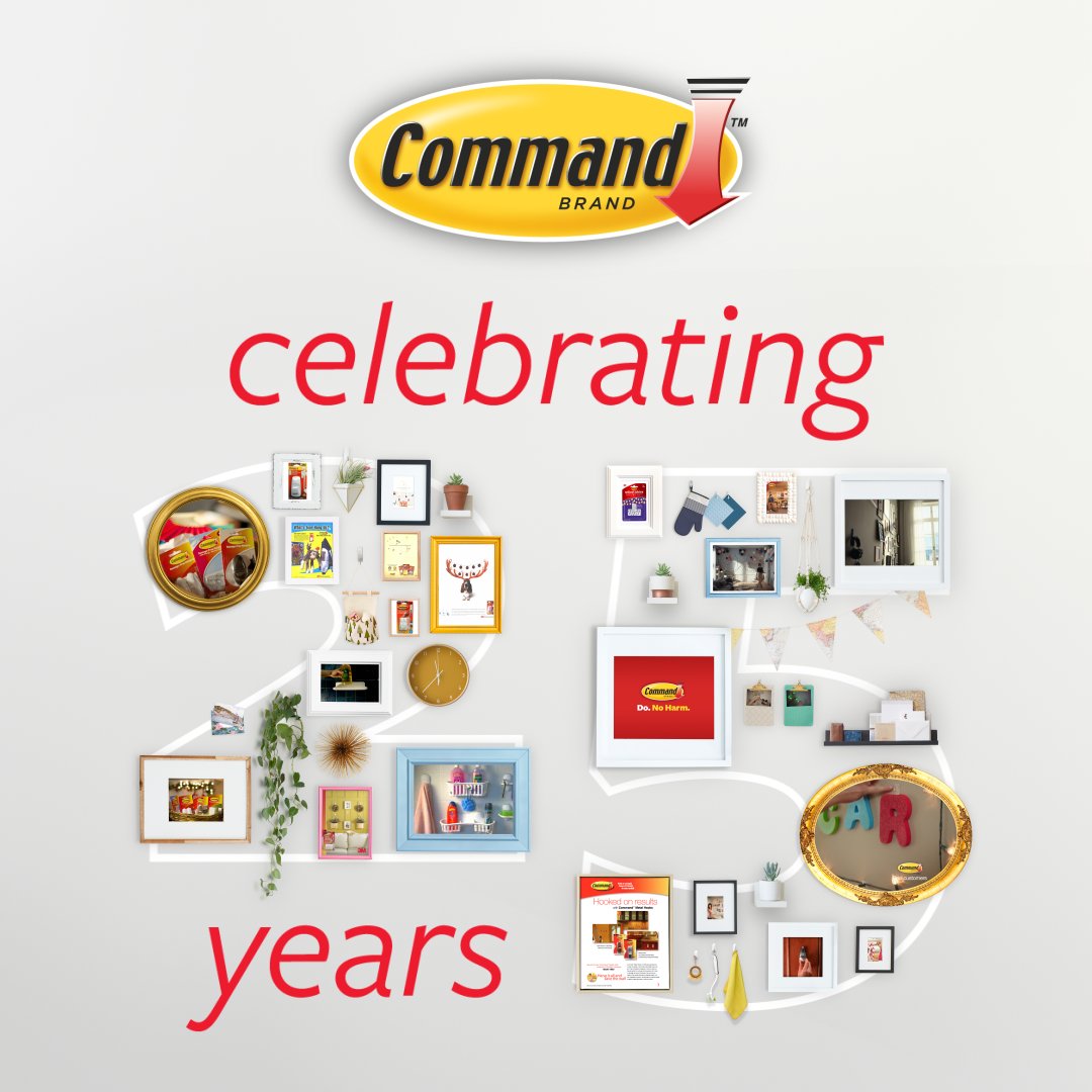 3M's tweet photo. Tool-free, hole-free, damage-free. It’s motivated @Command hanging solutions for 25 years. Here’s to the next 25 years of sticking to what we know best: empowering everyday creativity through innovation inspired by you. https://t.co/eZefM394XI #CommandDoNoHarm https://t.co/DcnZ8v0Yqt