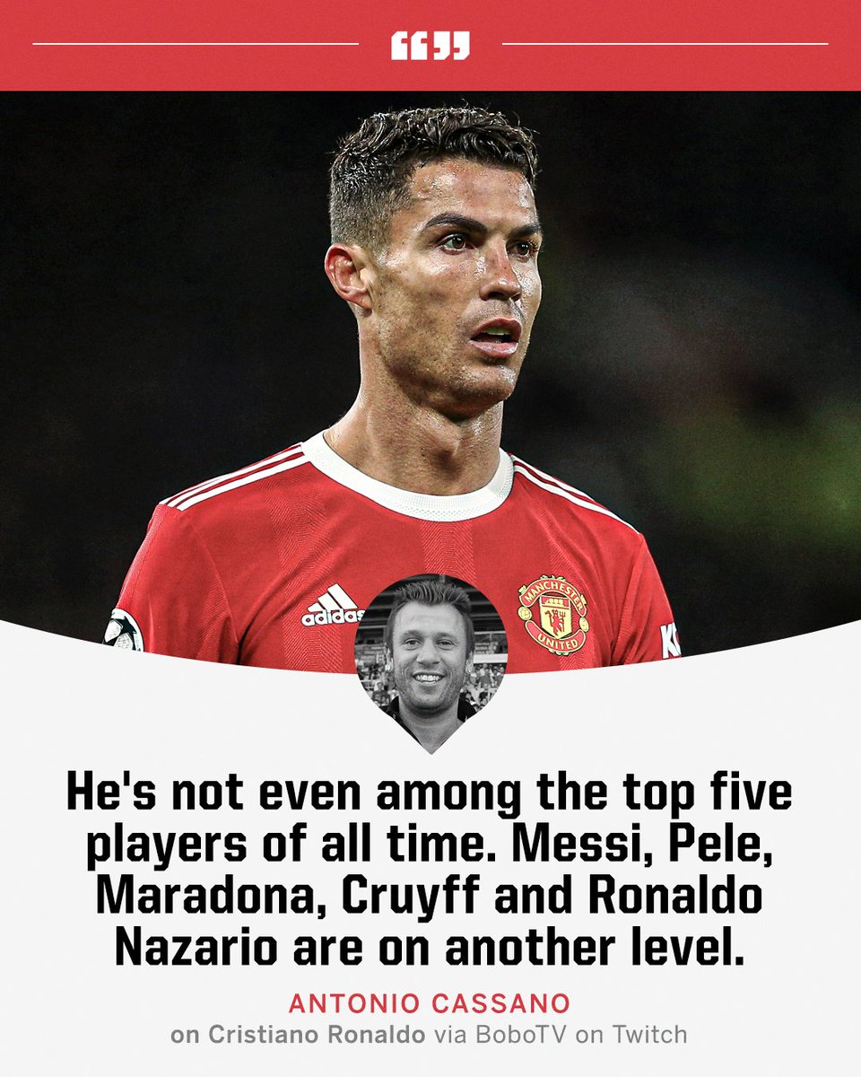 ESPNFC's tweet image. Cristiano Ronaldo isn't in Antonio Cassano's top five best players in history.
