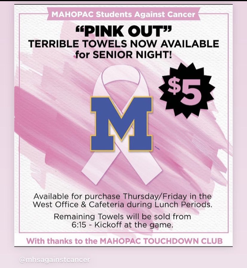 ❕❕TOMORROW IN SCHOOL MAKE SURE EVERYONE WEARS PINK❕ALSO THE MAHOPAC STUDENTS AGAINST CANCER CLUB ARE SELLING TERRIBLE TOWELS FOR THE GAME TOMORROW NIGHT❕GO BUY THEM SO YOU ARE READY FOR THE GAME❕WILL BE SOLD IN CAFE AND BEFORE THE GAME❕❕#LGP