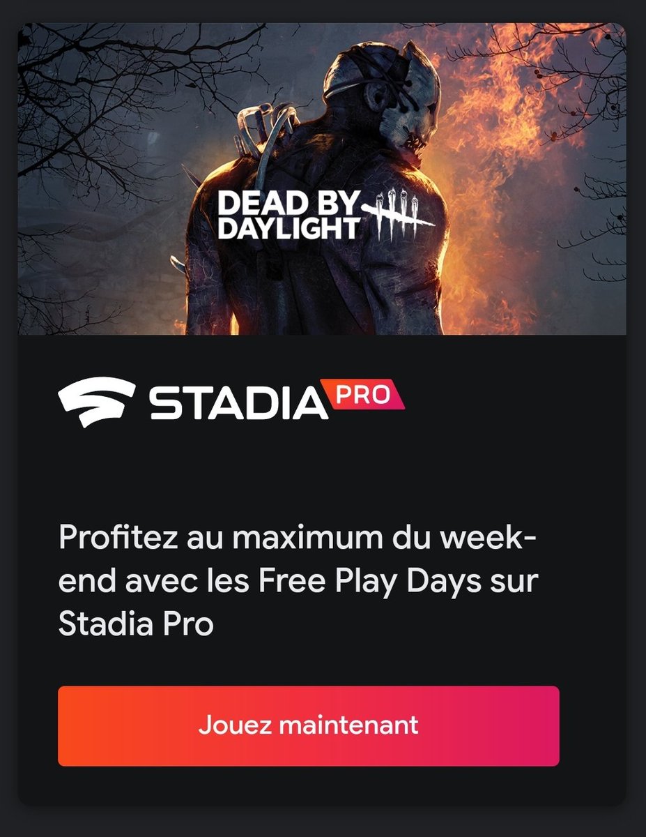 FrStadia's tweet photo. Surprise ! Dead by Daylight est en Free Play Days cette semaine ! Le jeu est jouable gratuitement si vous êtes abonné #StadiaPro jusqu'à lundi (sans doute, vu qu'on a pas eu de #ThisWeekOnStadia)
#Stadia #Stadia100 #TeamStadia https://t.co/dMCiAlxJTm