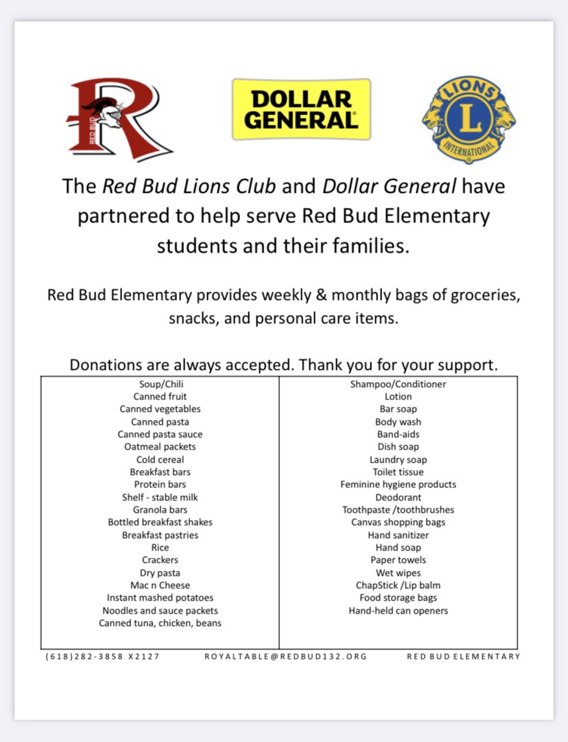 RBESRoyalTable's tweet photo. This week we received our first round of items from the collection box at Dollar General! Thank you to community members, the Red Bud Lions, and Dollar General for your support of the RBES Royal Table! 🖤❤️#redbud132 https://t.co/lWBugXfwfz