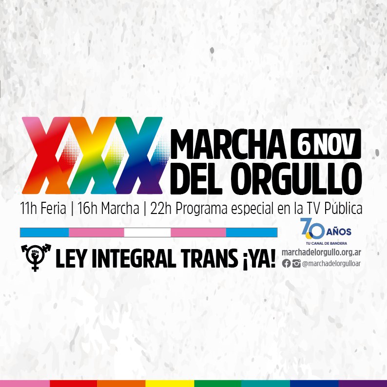 MarchaOrgulloAR's tweet photo. Sábado 6 de noviembre de 2021
11h Feria del Orgullo
16h Marcha de Plaza de Mayo a Congreso
22h Programa especial en la @tv_publica

#30marchas #BuenosAires #Argentina
#Orgullo #PrIde #lesbiana #gay #bi #trans #intersex #pansexual #asexual #nobinario #LGBT https://t.co/XrScuB6gdX