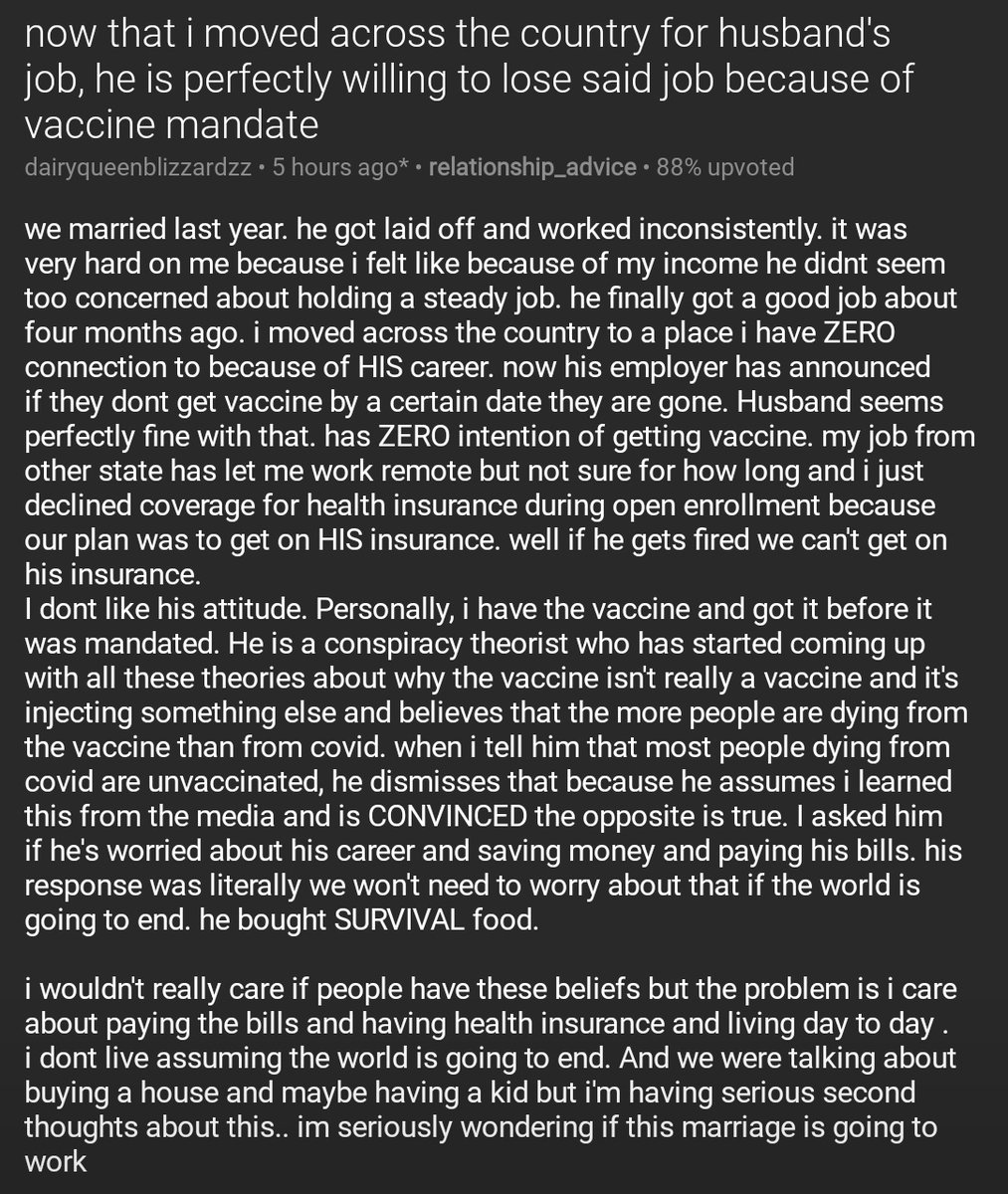 now that i moved across the country for husband's job, he is perfectly willing to lose said job because of vaccine mandate rareddit.com/r/relationship…